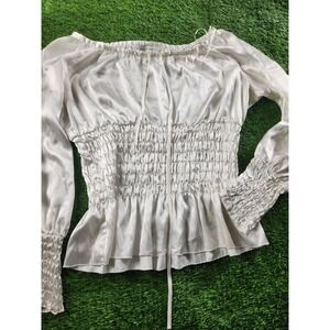 Allison Taylor Blouse Womens L White Off Shoulder Ruched Ruffle Satin Smocked